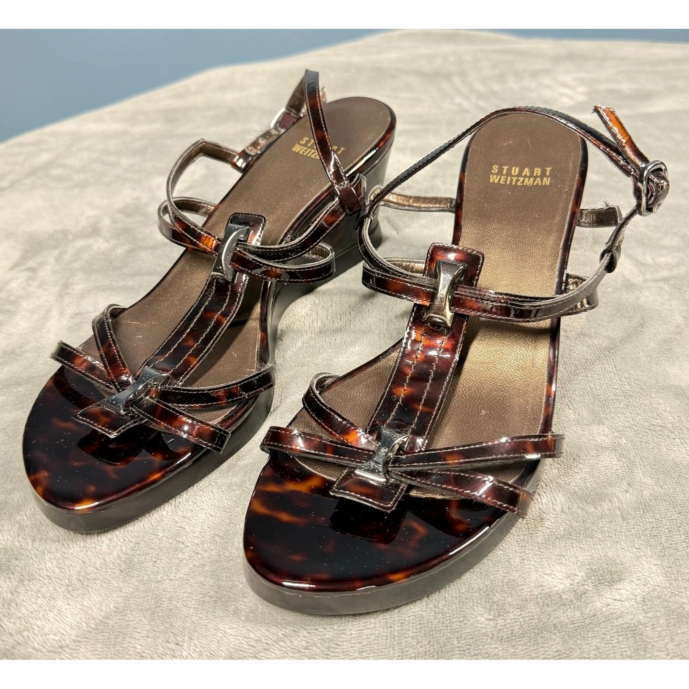 Stuart Weitzman Sandals Womens 9M Tortoise Wedge Patent Leather Bow